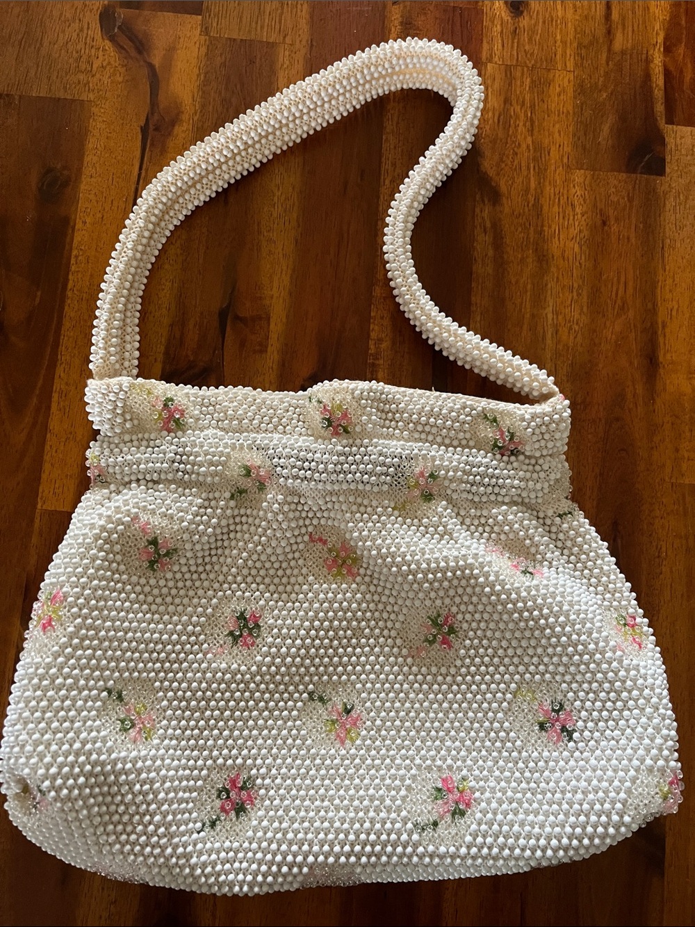 Vtg 50s/60s White Beaded Purse Handbag Pink & Green Floral Design Wedding Dance